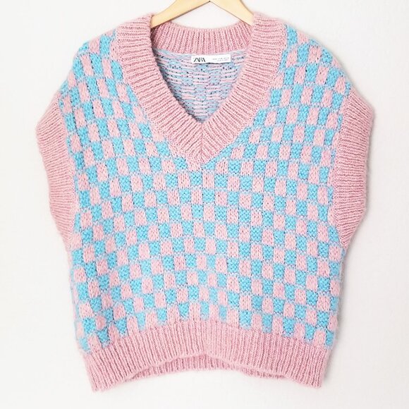 Zara Pink Blue Wool Blend Knit Vest V-neckline Checkerboard S Preppy Classic - Picture 6 of 15
